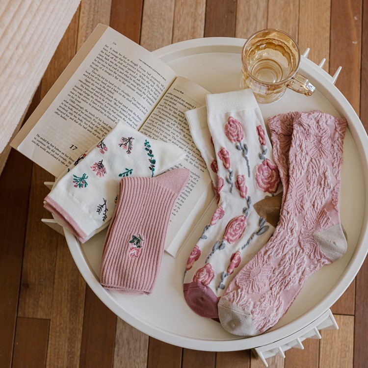 學院風粉色玫瑰中筒襪(4雙一組)
