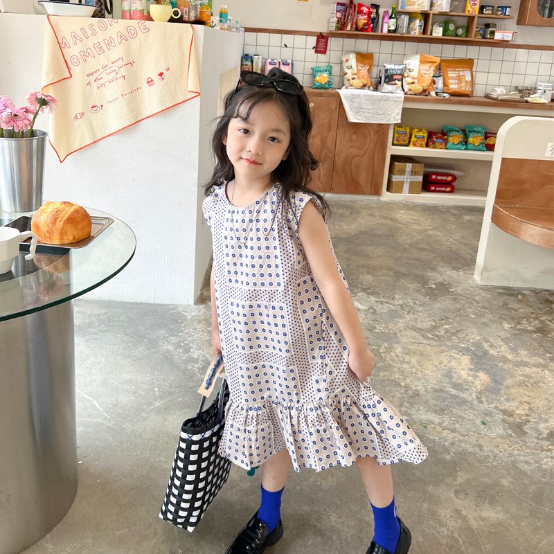 小女童杏底藍色花朵洋裝