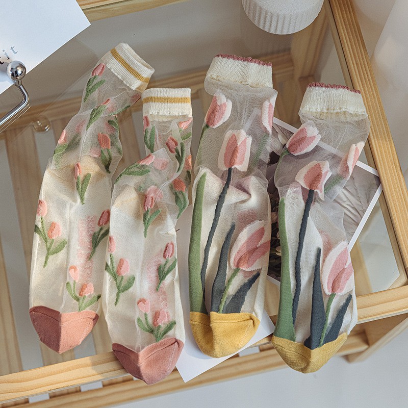 花卉百合網紗中筒襪(3雙一組)