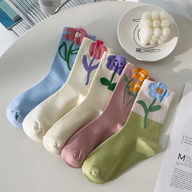 女系列花朵中筒襪(五雙一組)