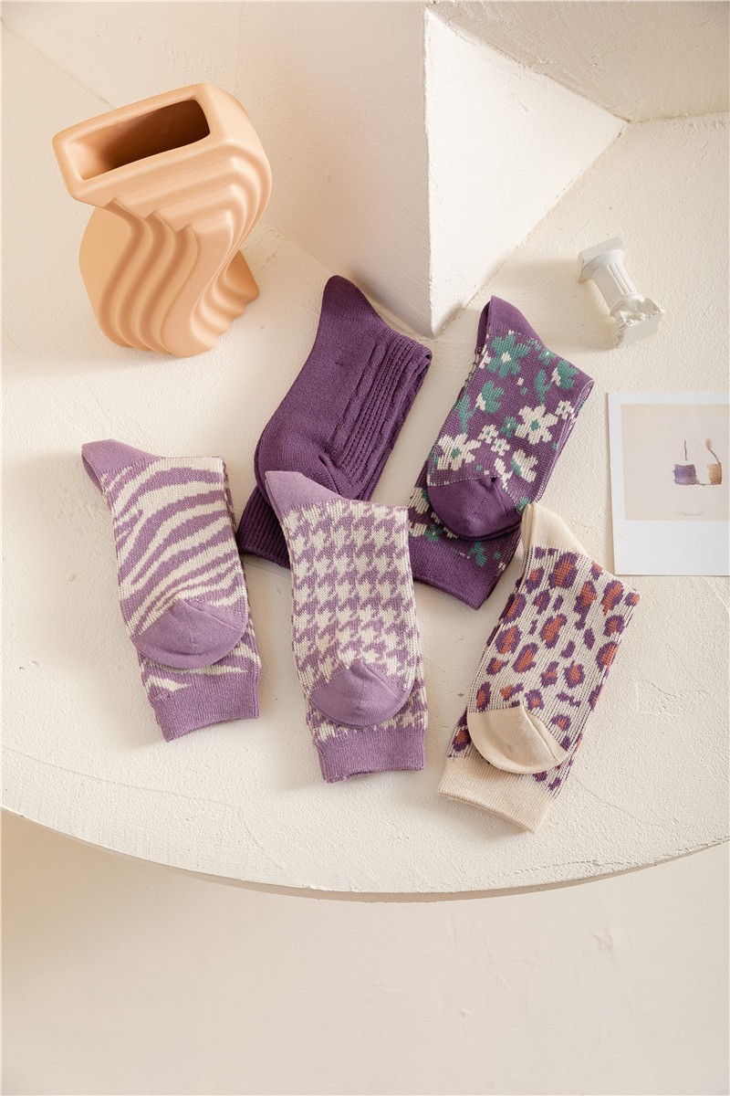 紫色豹紋 千鳥格 中筒襪(5雙一組)
