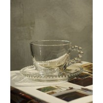 中古風透明玻璃杯 咖啡杯碟組 玻璃珠手柄 買一送一