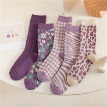 紫色豹紋 千鳥格 中筒襪(5雙一組)