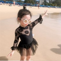 夏季韓版黑色蕾絲花朵長袖連身泳裝