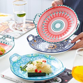 波西米亞風雙耳圓盤 陶瓷餐盤 手繪餐盤 耳餐盤 釉下彩 魚盤 蒸魚盤
